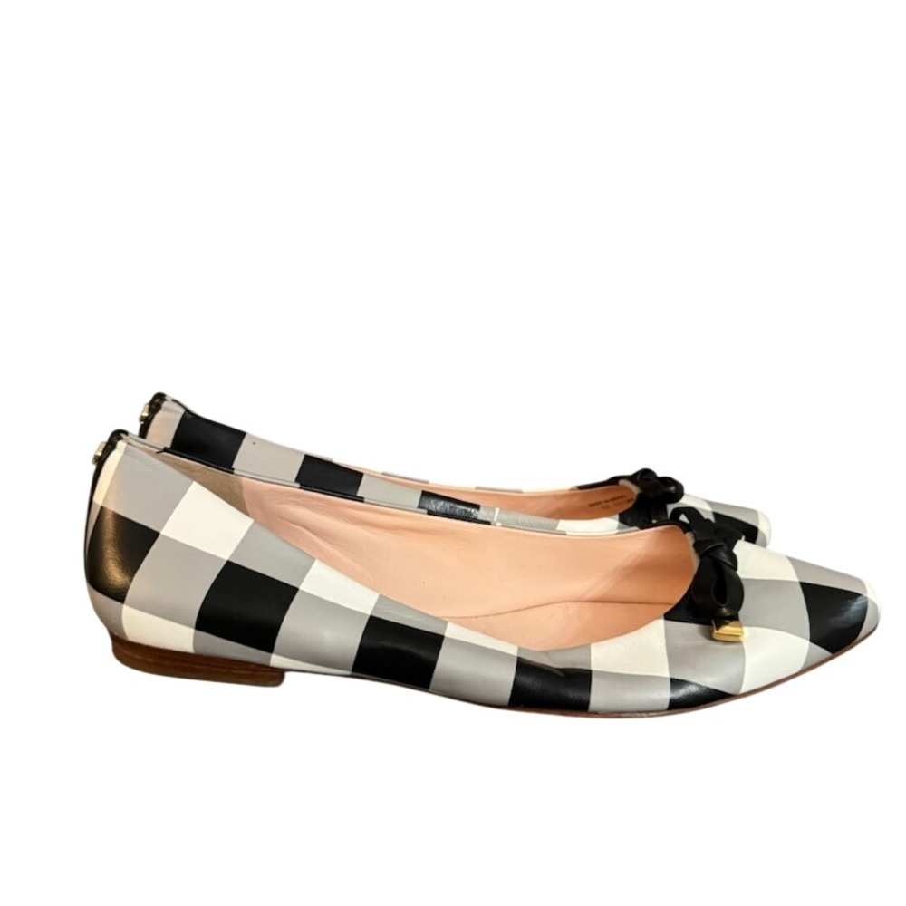 Kate Spade New York Plaid Pointed Toe Ballet Flats Black White Grey Bow 10.5M